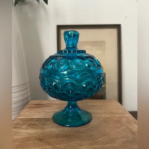 L.E. Smith Moon and Star Pedestal Blue Candy Dish Compote - Picture 2 of 5